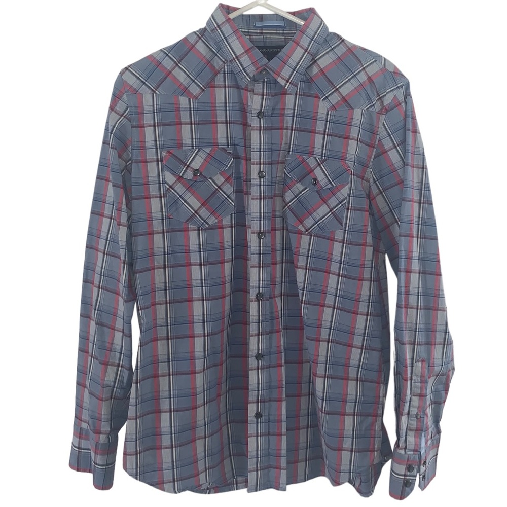 Banana Republic Long Sleeve Button Down Men’s Snap Buttons Blue Plaid Medium